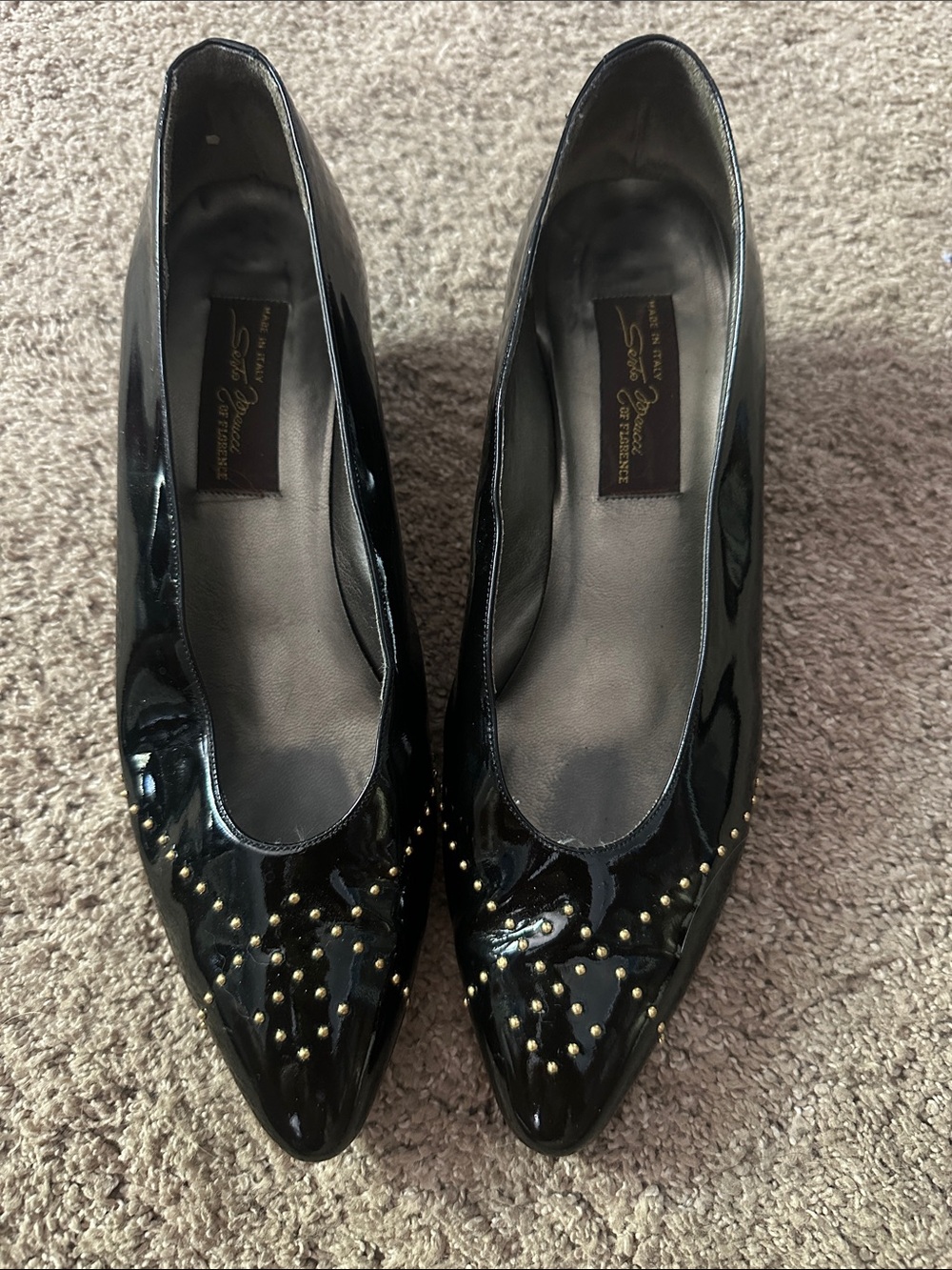 Sesto Meucci Black Patent Pointed Toe Stud Ballet Flats